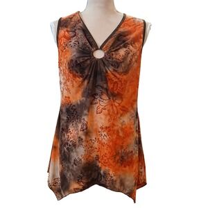 Sami Joe M Floral Velvet Mesh Ring V-Neck Sleeveless Orange Brown Sharkbite Boho